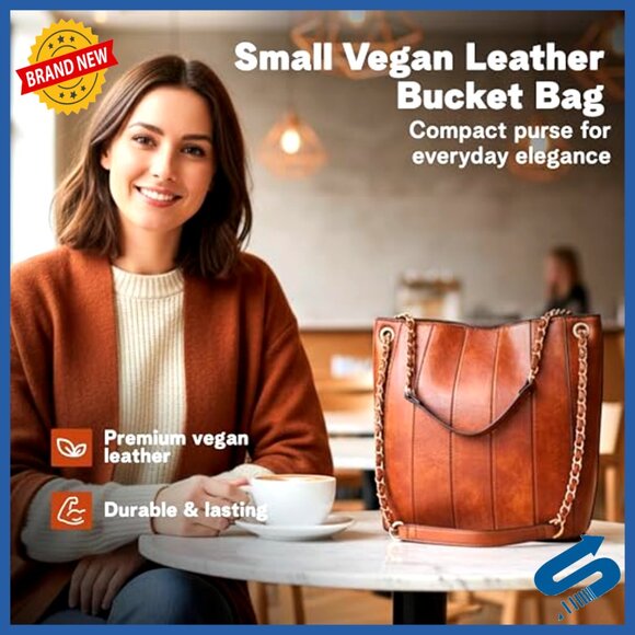 Vegan Leather Bucket Bag Small Crossbody Top Handle Purse Chic Minimal - Picture 3 of 7